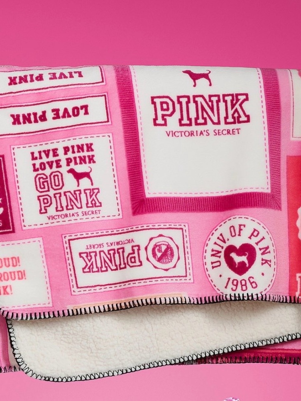 PINK Victoria's Secret Pink Patchwork Logo Sherpa-Lined blanket